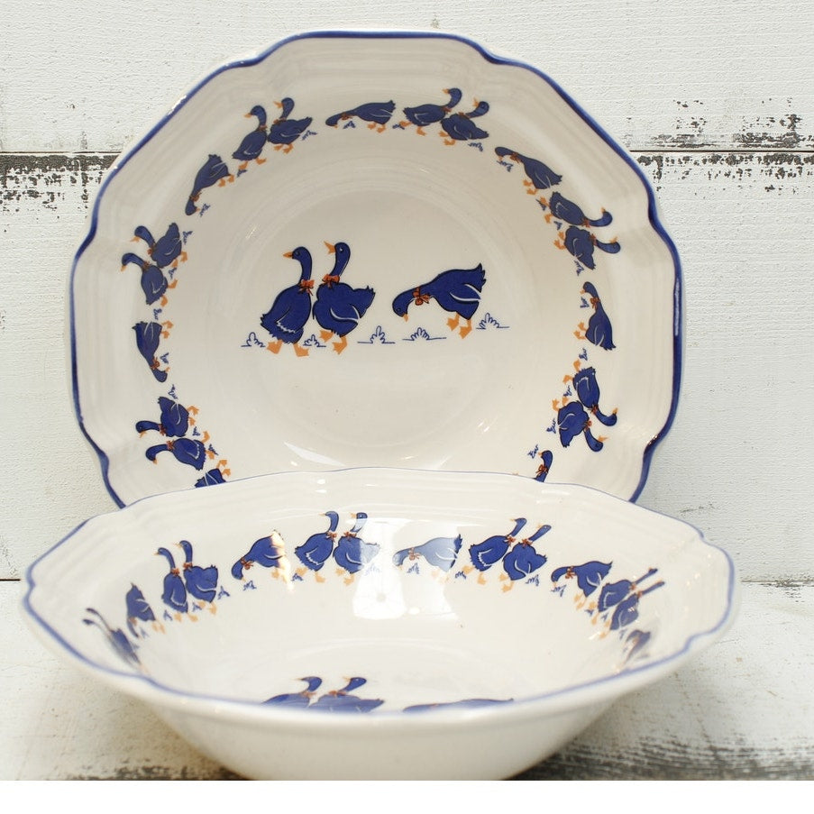 Vintage Hancock Korea Blue Goose Soup Bowls 7" Set of 2