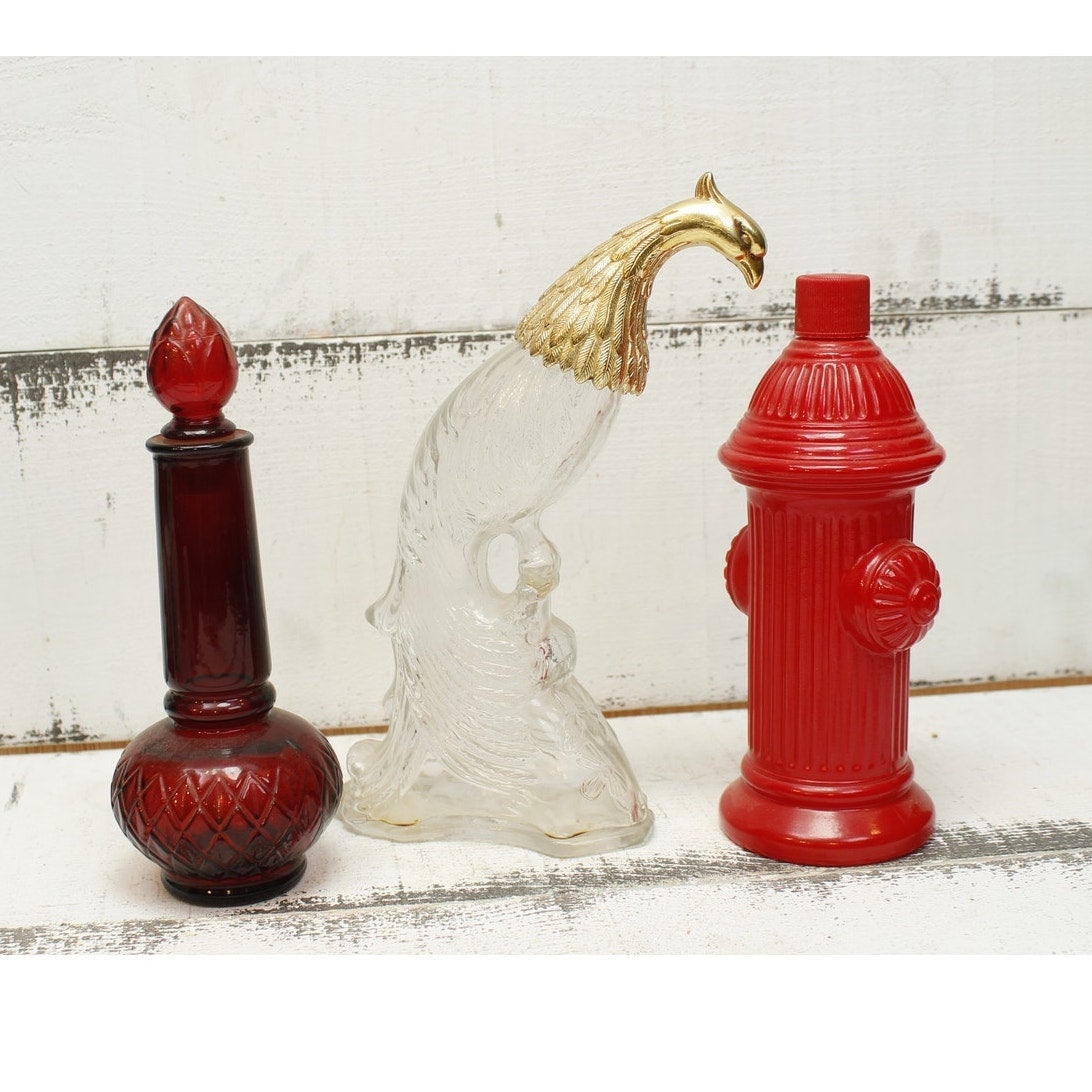 Avon Bottles Set of 3 Bird, Red Glass, Fire Hydrant EMPTY