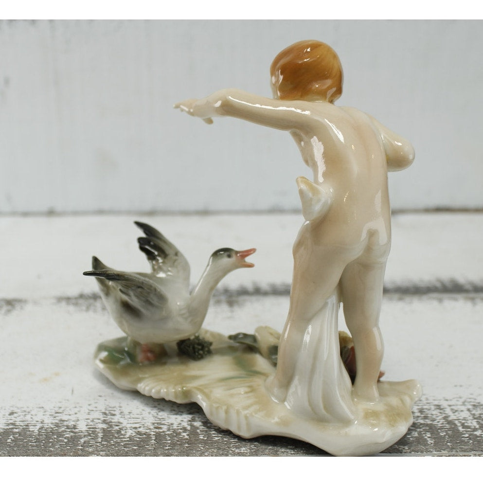 Antique Karls Ens Volkstedt Germany Child & Goose Porcelain Figurine c1920