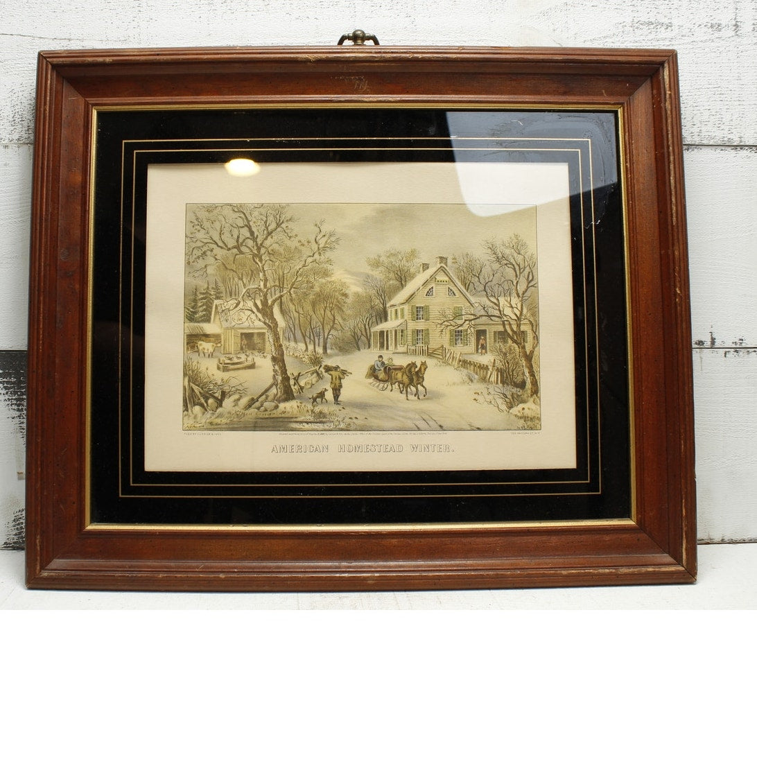 Vintage Currier & Ives Art Print Framed American Homestead Winter