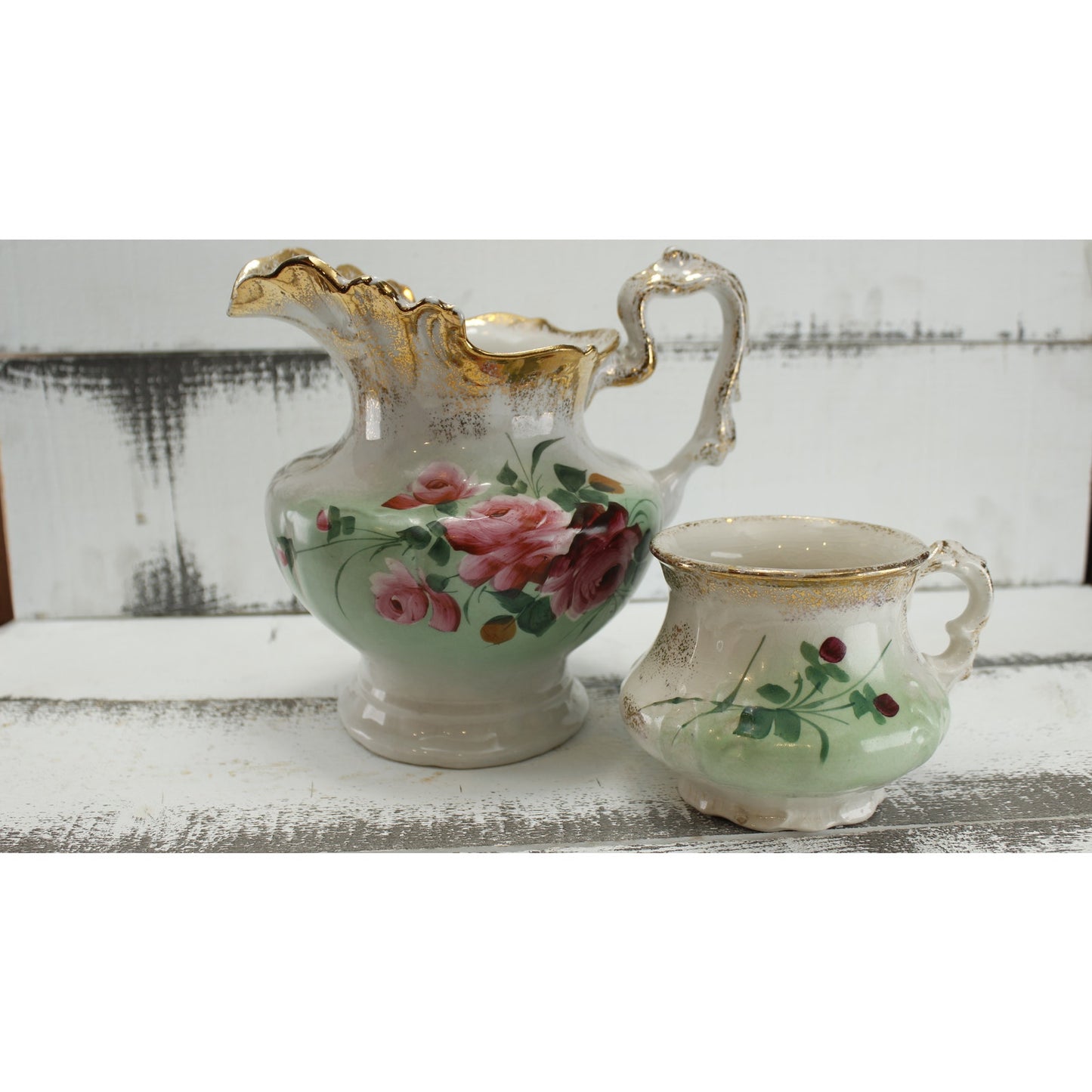 Antique Anchor Pottery Ironstone Vanity Pitcher and Cup Green Floral Trenton NJ