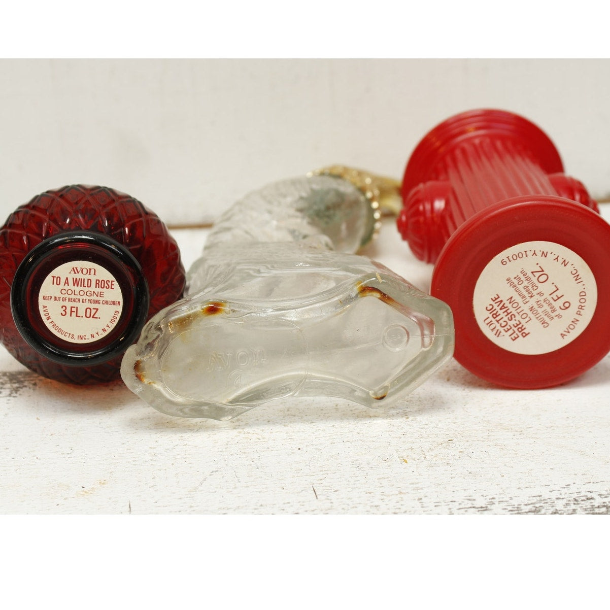 Avon Bottles Set of 3 Bird, Red Glass, Fire Hydrant EMPTY