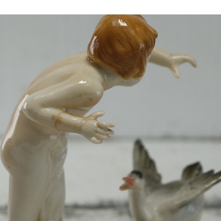Antique Karls Ens Volkstedt Germany Child & Goose Porcelain Figurine c1920