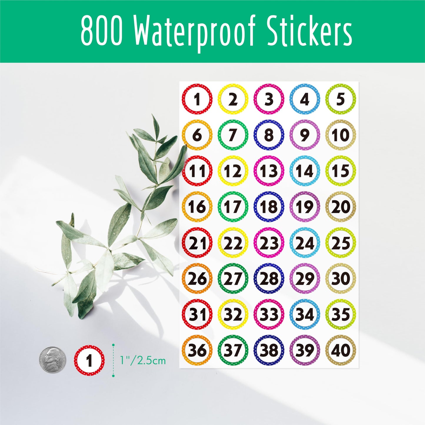 800 PCS 1-40 Number Stickers, Polka Dot Water/Oil/Tear Resistant Consecutive Number Labels, Remove Without Residue for Indoor, Outdoor, Office, Classroom, Storage, Organizing, Boxes (1”, 20 Sheets)