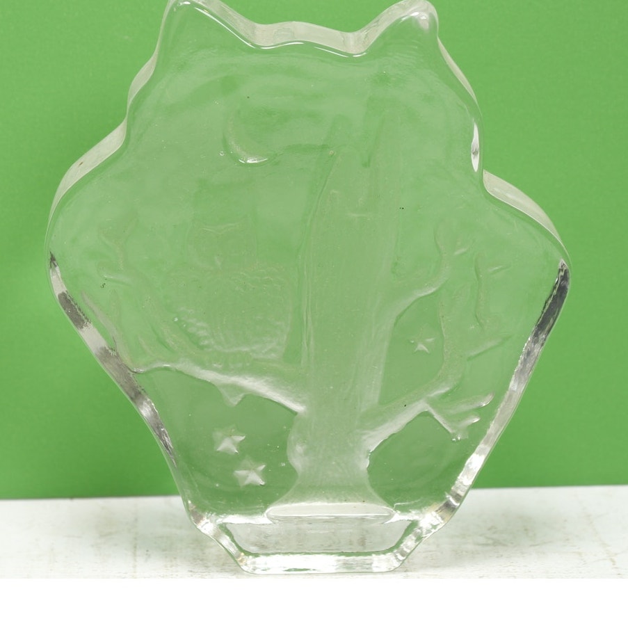 Art Glass Owl Sitting on Tree Moon Paperweight
