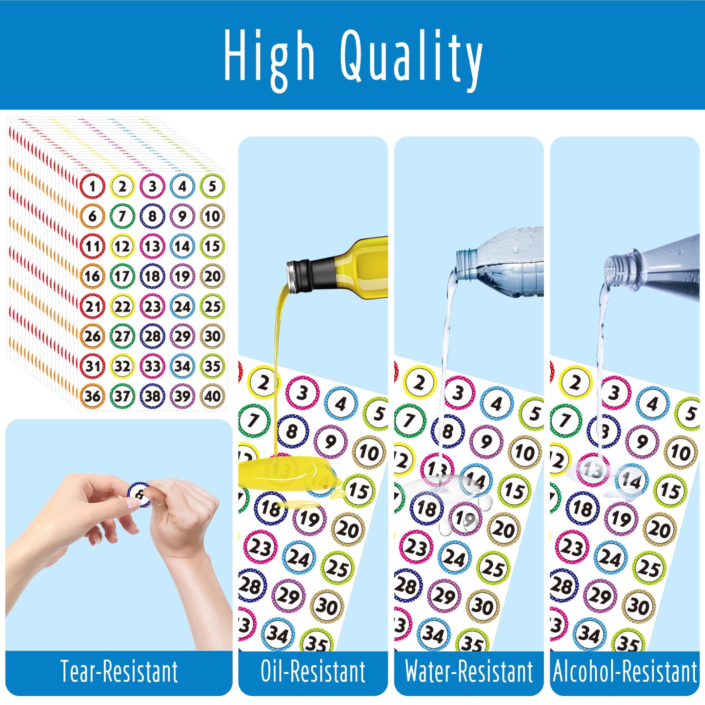 800 PCS 1-40 Number Stickers, Polka Dot Water/Oil/Tear Resistant Consecutive Number Labels, Remove Without Residue for Indoor, Outdoor, Office, Classroom, Storage, Organizing, Boxes (1”, 20 Sheets)