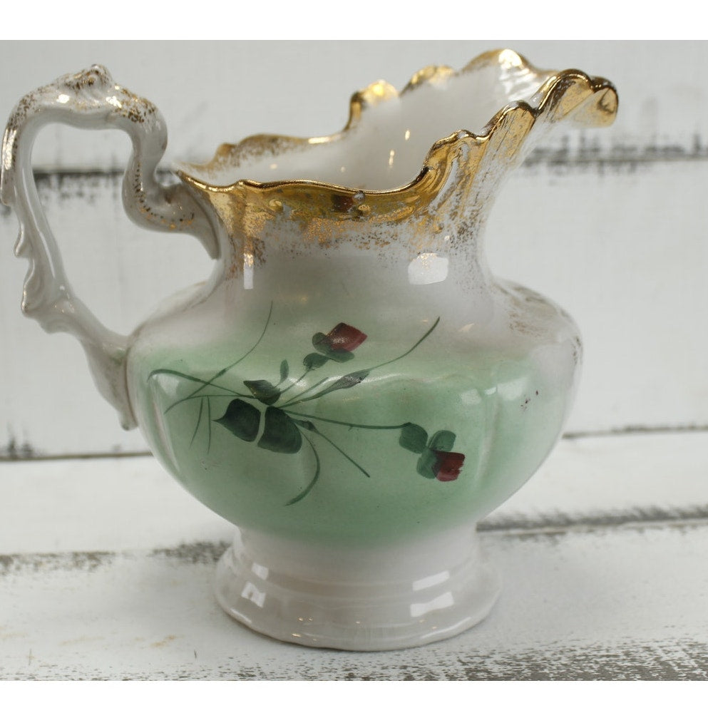 Antique Anchor Pottery Ironstone Vanity Pitcher and Cup Green Floral Trenton NJ