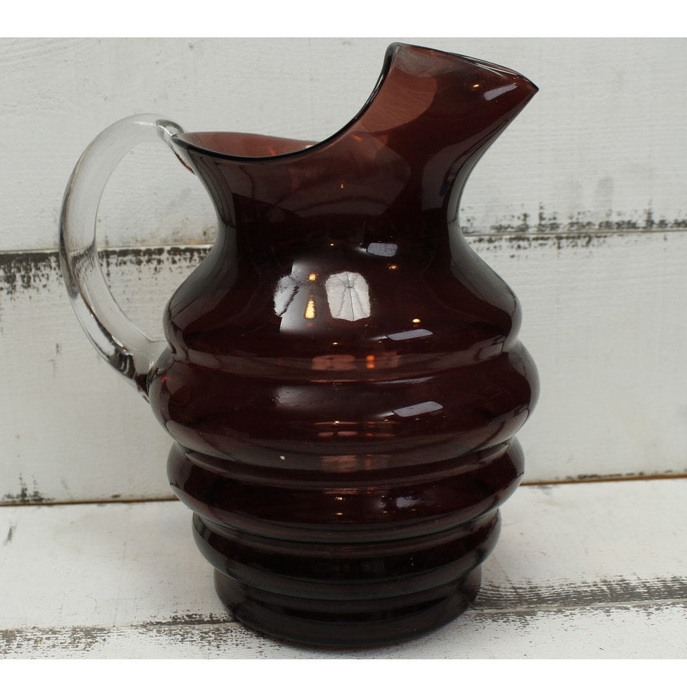 Purple Glass Pitcher Clear Glass Applied Handle 9"