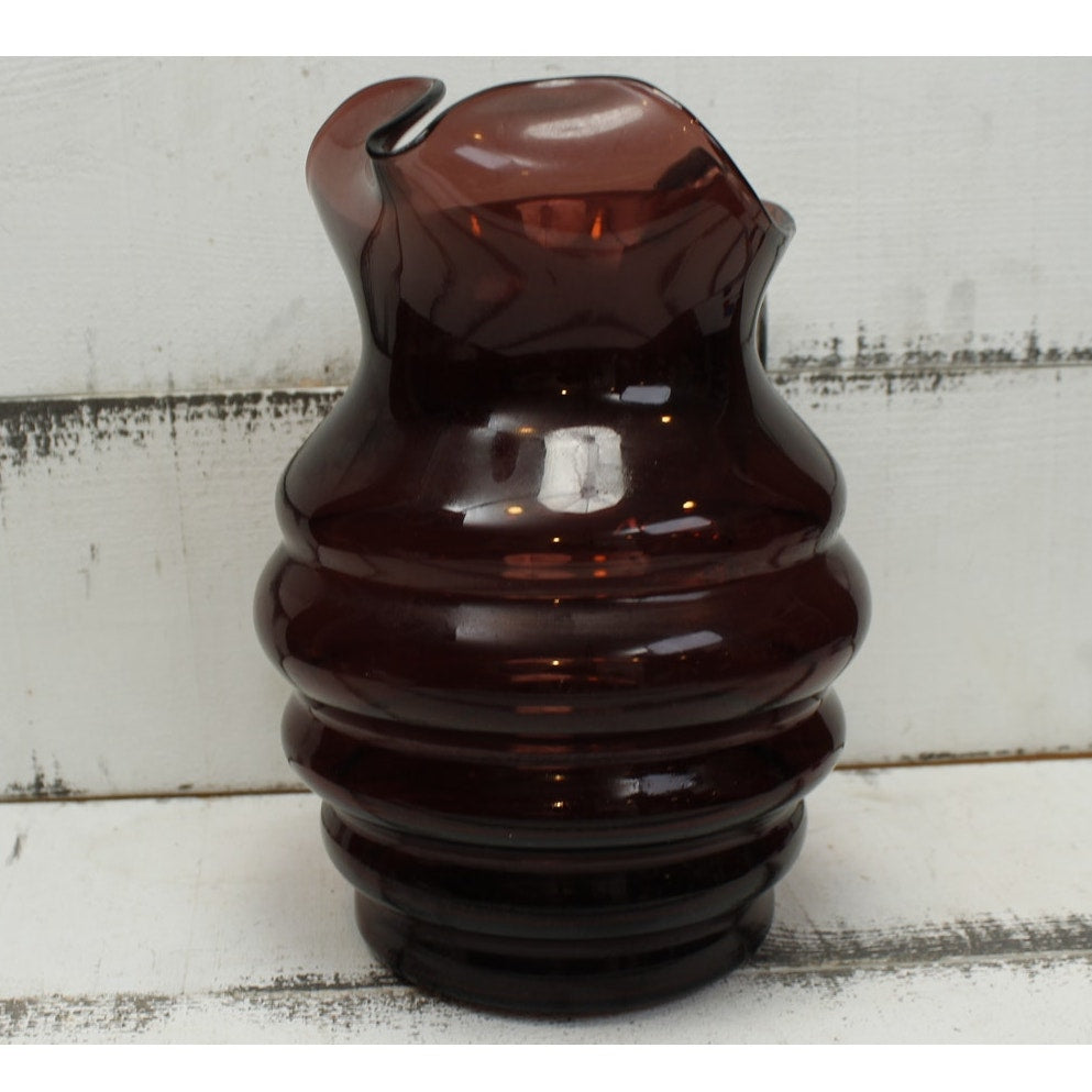 Purple Glass Pitcher Clear Glass Applied Handle 9"