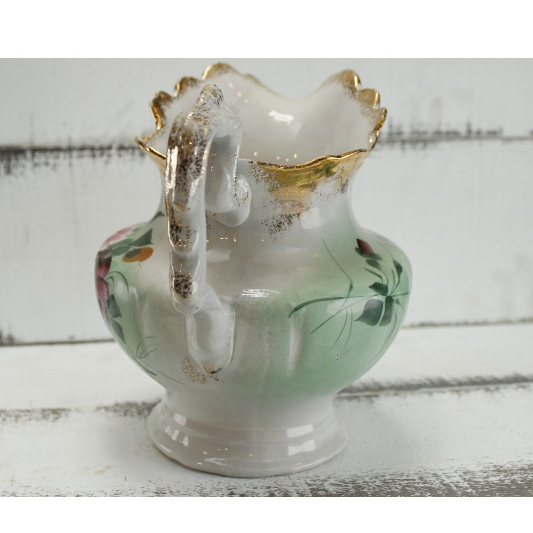 Antique Anchor Pottery Ironstone Vanity Pitcher and Cup Green Floral Trenton NJ