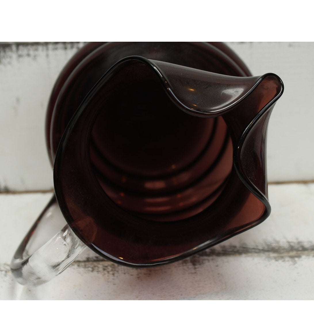 Purple Glass Pitcher Clear Glass Applied Handle 9"