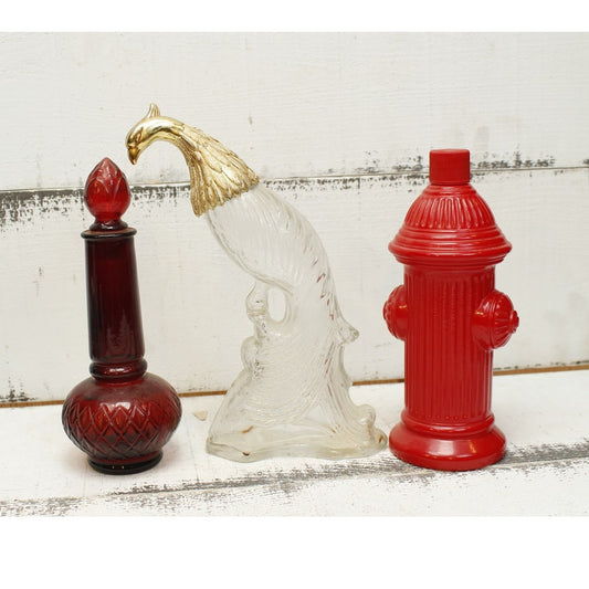Avon Bottles Set of 3 Bird, Red Glass, Fire Hydrant  EMPTY