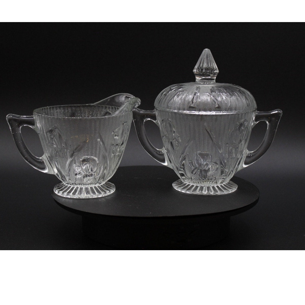 Jeannette 1920s Depression Glass Sugar Bowl and Creamer Iris Design