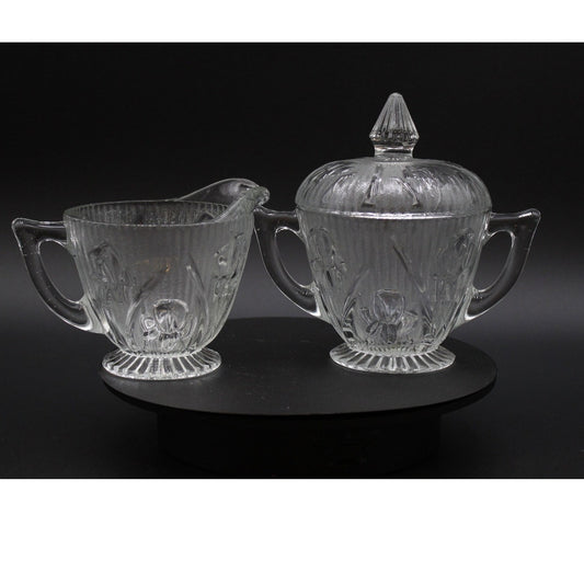 Jeannette 1920s Depression Glass Sugar Bowl and Creamer Iris Design