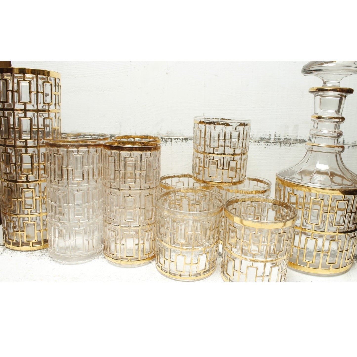 Imperial Glass Shoji Trelis Decanter , Shaker, 9 Glasses  11 piece set MCM