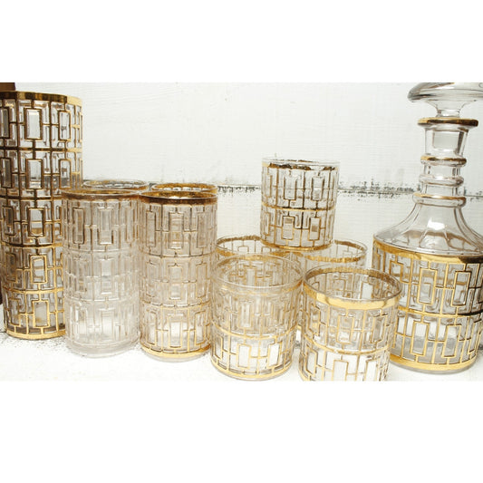 Imperial Glass Shoji Trelis Decanter , Shaker, 9 Glasses  11 piece set MCM