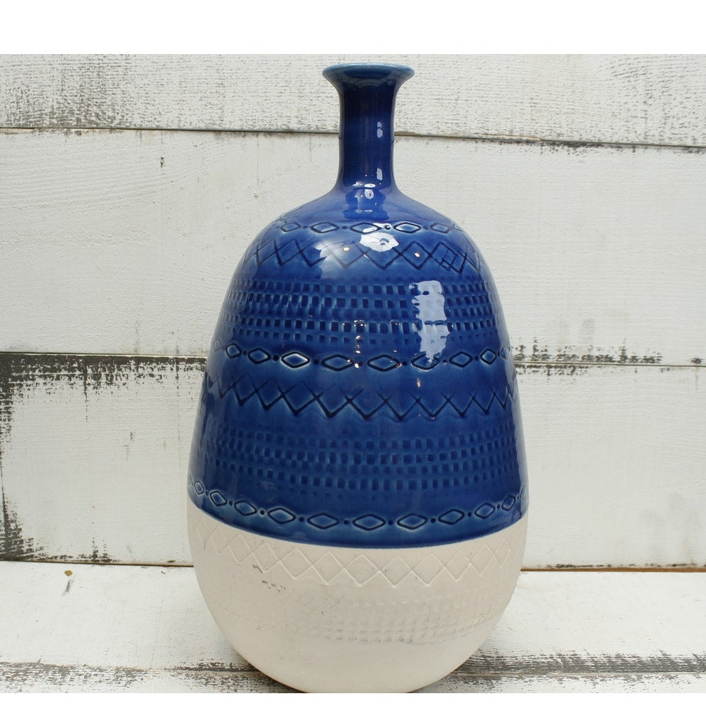 Vintage Mid Century Modern Bitossi Stlye Blue and White Vase Ceramiche Tadinate Italy
