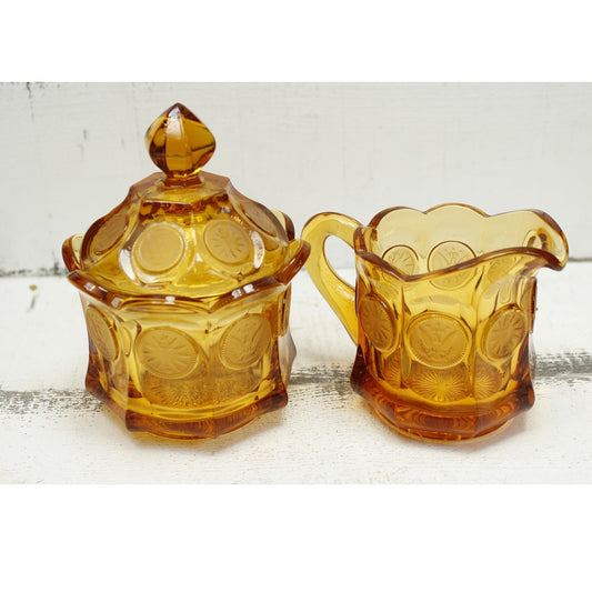 Vintage Fostoria Amber Coin Lidded Sugar and Creamer
