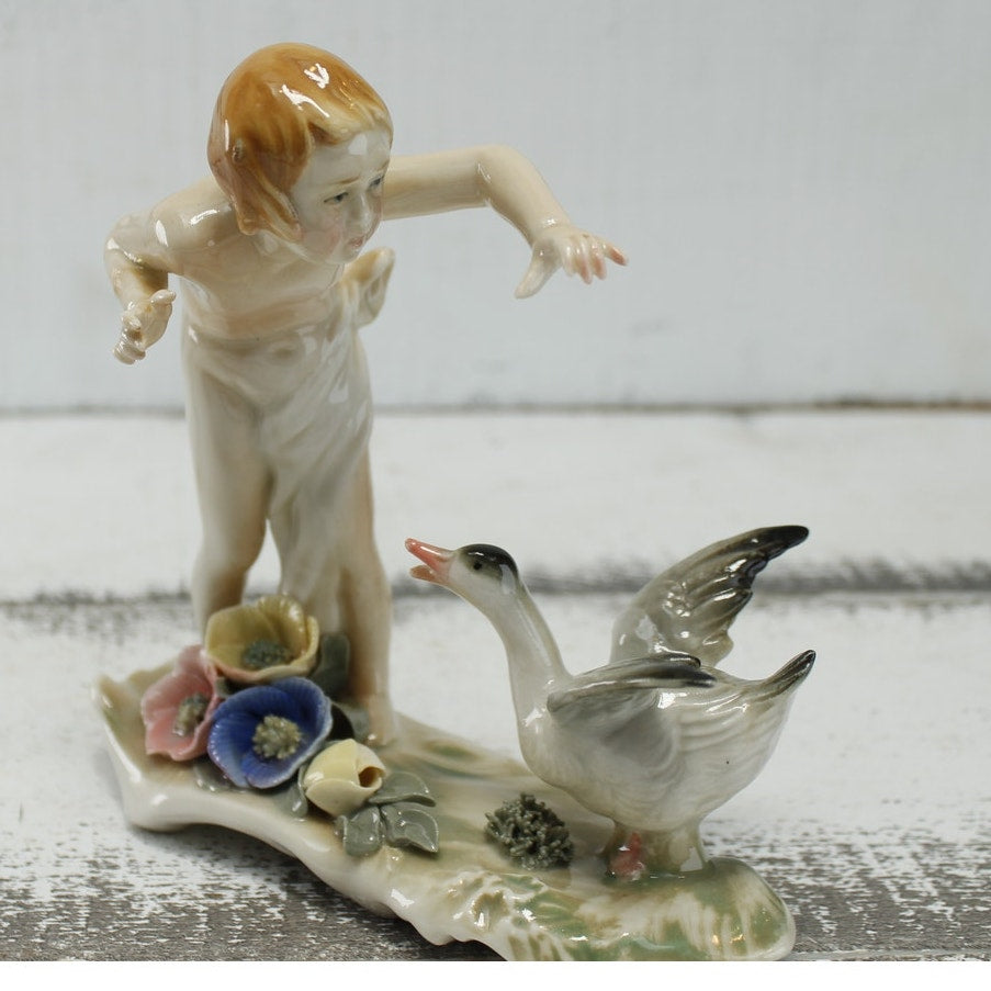 Antique Karls Ens Volkstedt Germany Child & Goose Porcelain Figurine c1920