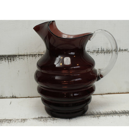 Purple Glass Pitcher Clear Glass Applied Handle 9"