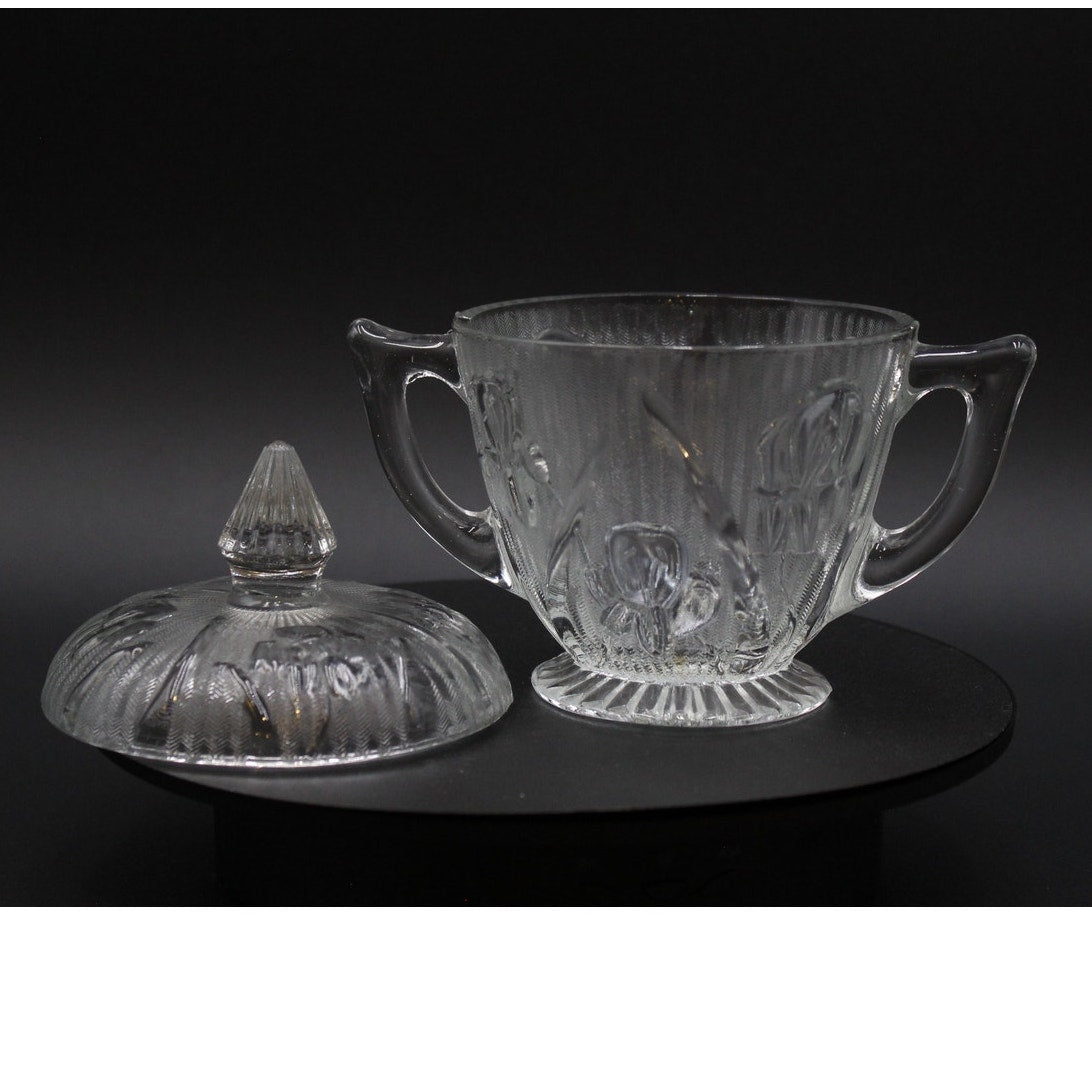 Jeannette 1920s Depression Glass Sugar Bowl and Creamer Iris Design