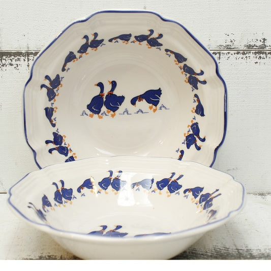 Vintage Hancock Korea Blue Goose Soup Bowls 7" Set of 2