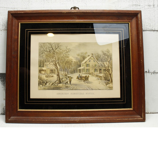 Vintage Currier & Ives Art Print Framed American Homestead Winter