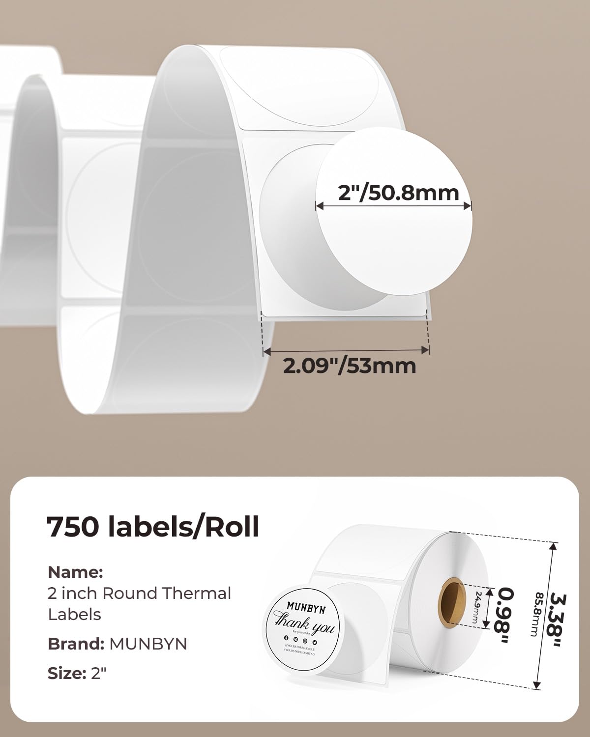 MUNBYN 2 Inch Circle Thermal Sticker Labels, Self-Adhesive Round Direct Thermal Labels for Business, 750 Sheets/1 Roll