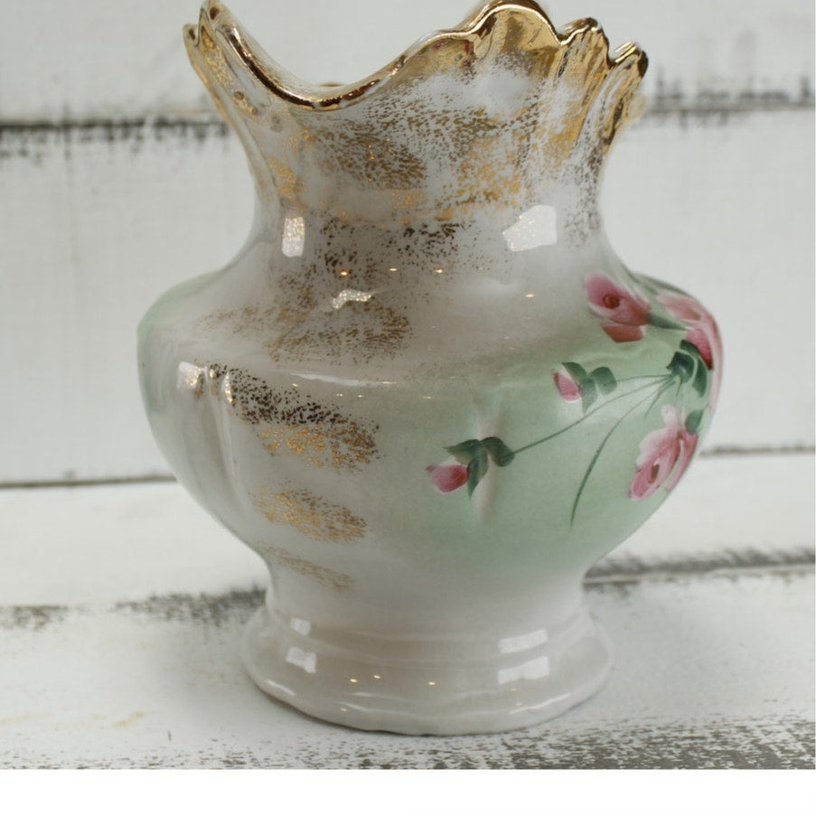 Antique Anchor Pottery Ironstone Vanity Pitcher and Cup Green Floral Trenton NJ