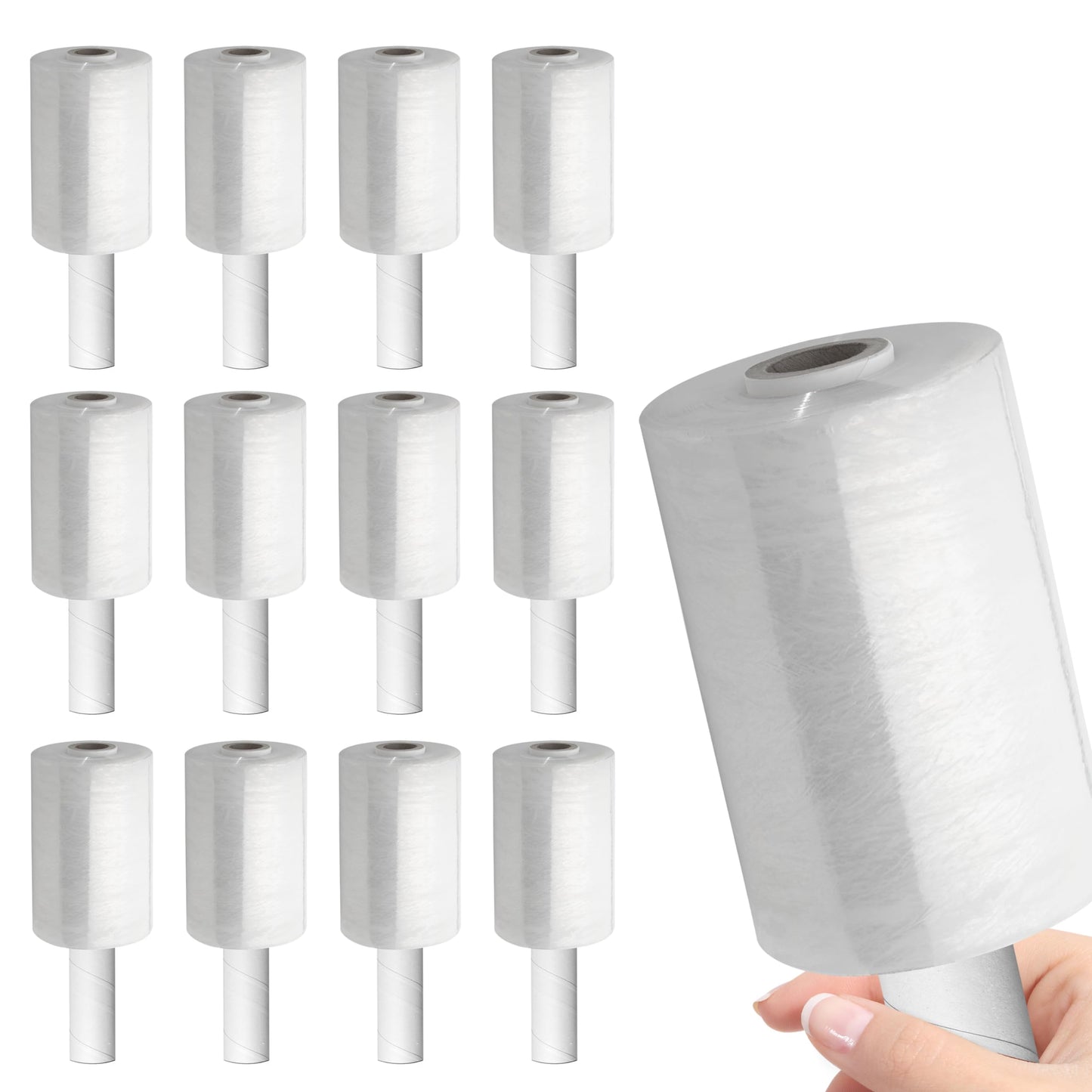 Stretch Packing Wrap, Mini Stretch Wrap Roll, Plastic Pallet Shrink Film with Handle- 5" x 1000" & 80 Gauge Thick + Hybrid Technology with Dispenser (12-Pack)