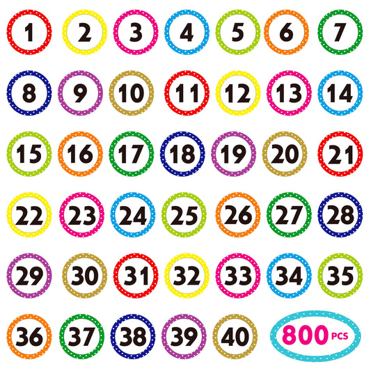 800 PCS 1-40 Number Stickers, Polka Dot Water/Oil/Tear Resistant Consecutive Number Labels, Remove Without Residue for Indoor, Outdoor, Office, Classroom, Storage, Organizing, Boxes (1”, 20 Sheets)