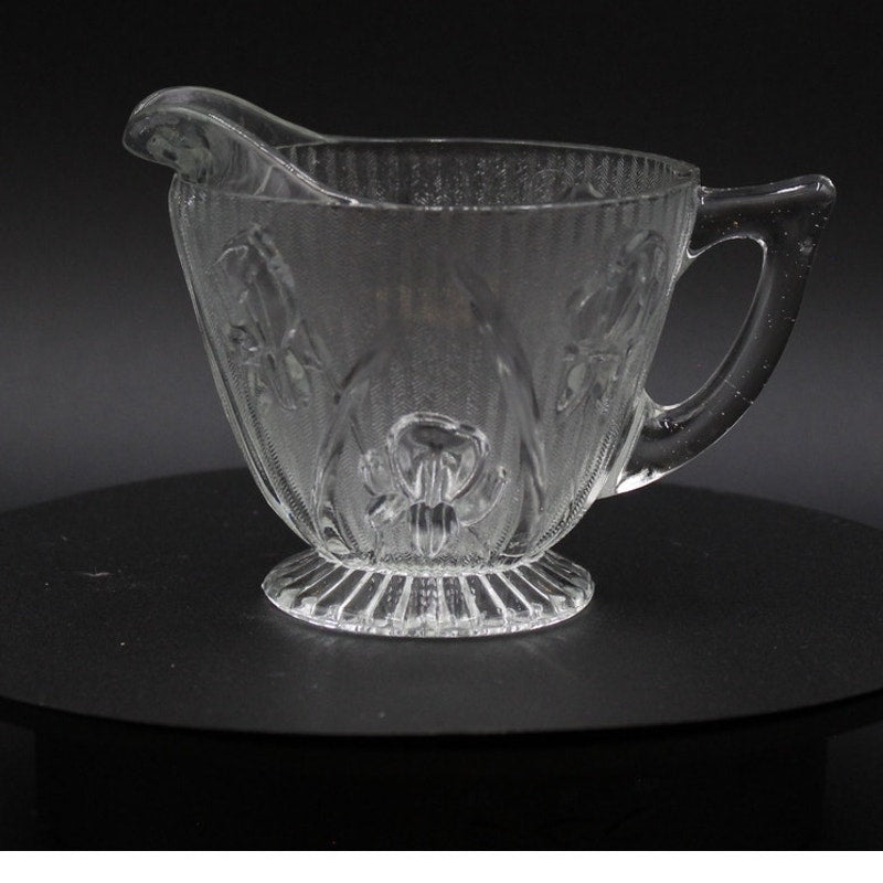 Jeannette 1920s Depression Glass Sugar Bowl and Creamer Iris Design