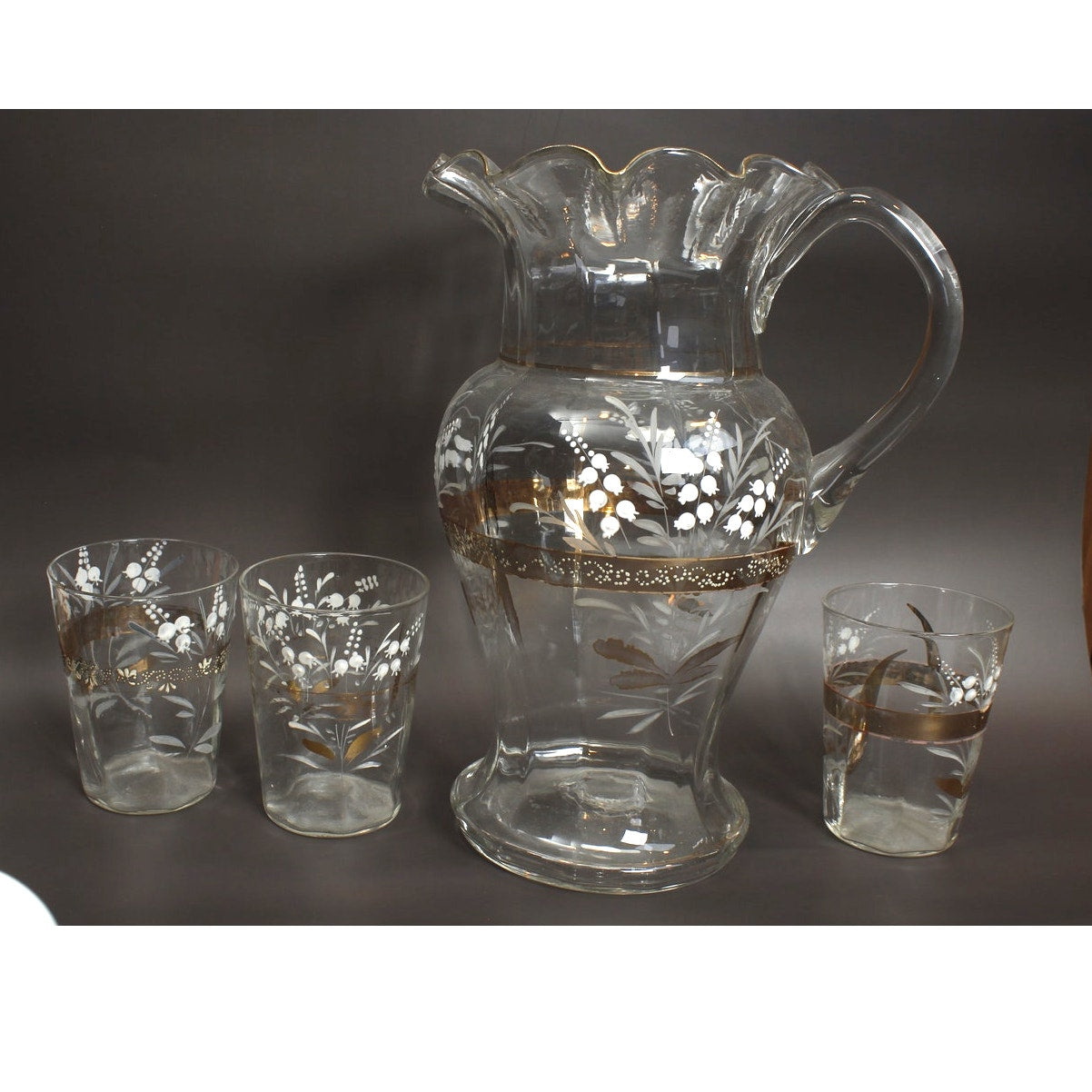 Victorian Era Glass Pitcher and 3 Glasses