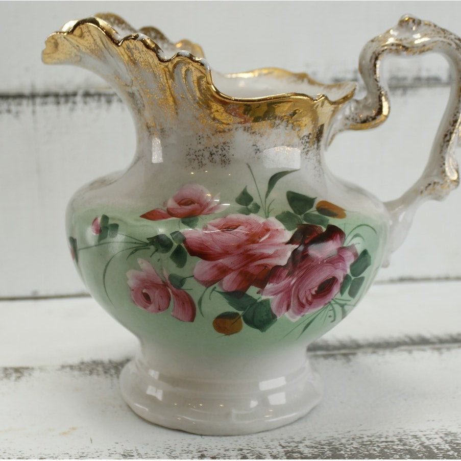 Antique Anchor Pottery Ironstone Vanity Pitcher and Cup Green Floral Trenton NJ