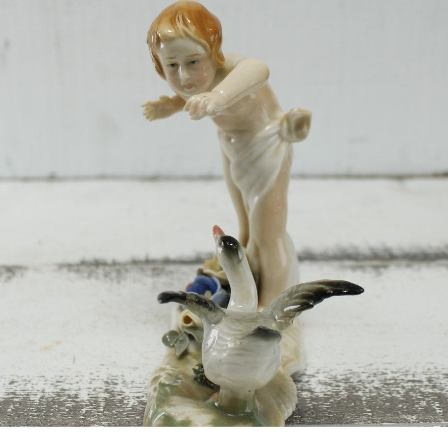 Antique Karls Ens Volkstedt Germany Child & Goose Porcelain Figurine c1920