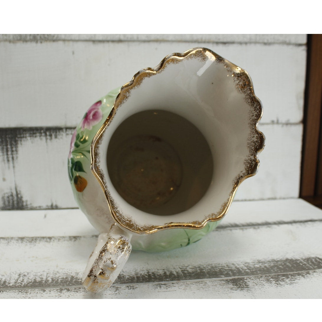 Antique Anchor Pottery Ironstone Vanity Pitcher and Cup Green Floral Trenton NJ