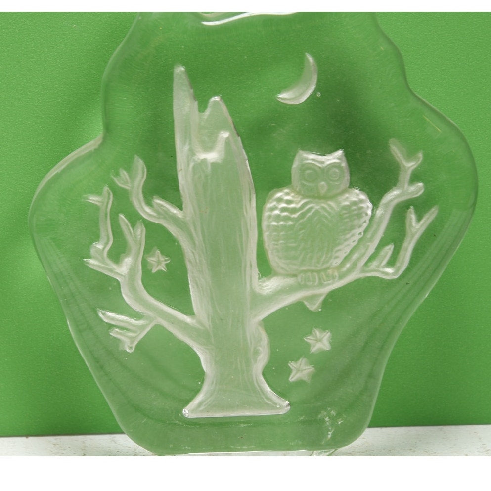 Art Glass Owl Sitting on Tree Moon Paperweight