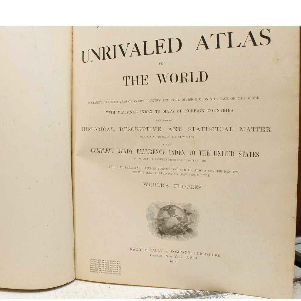 1915 Rand McNally & Co. USA Unrivaled Atlas of the World Book Antique