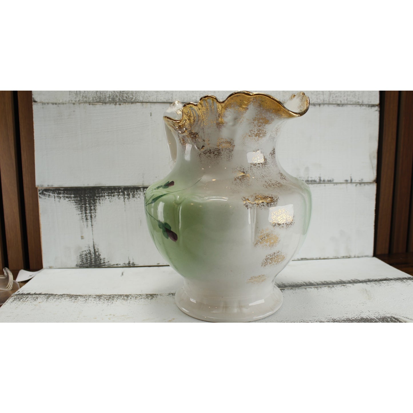 Antique Anchor Pottery Ironstone Vanity Pitcher and Cup Green Floral Trenton NJ