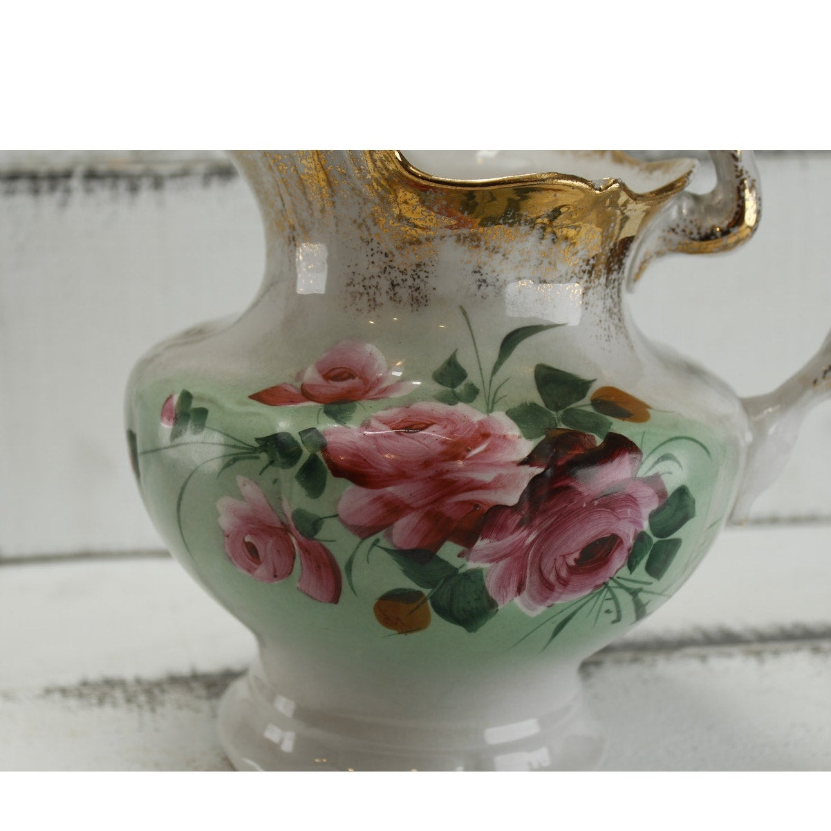 Antique Anchor Pottery Ironstone Vanity Pitcher and Cup Green Floral Trenton NJ